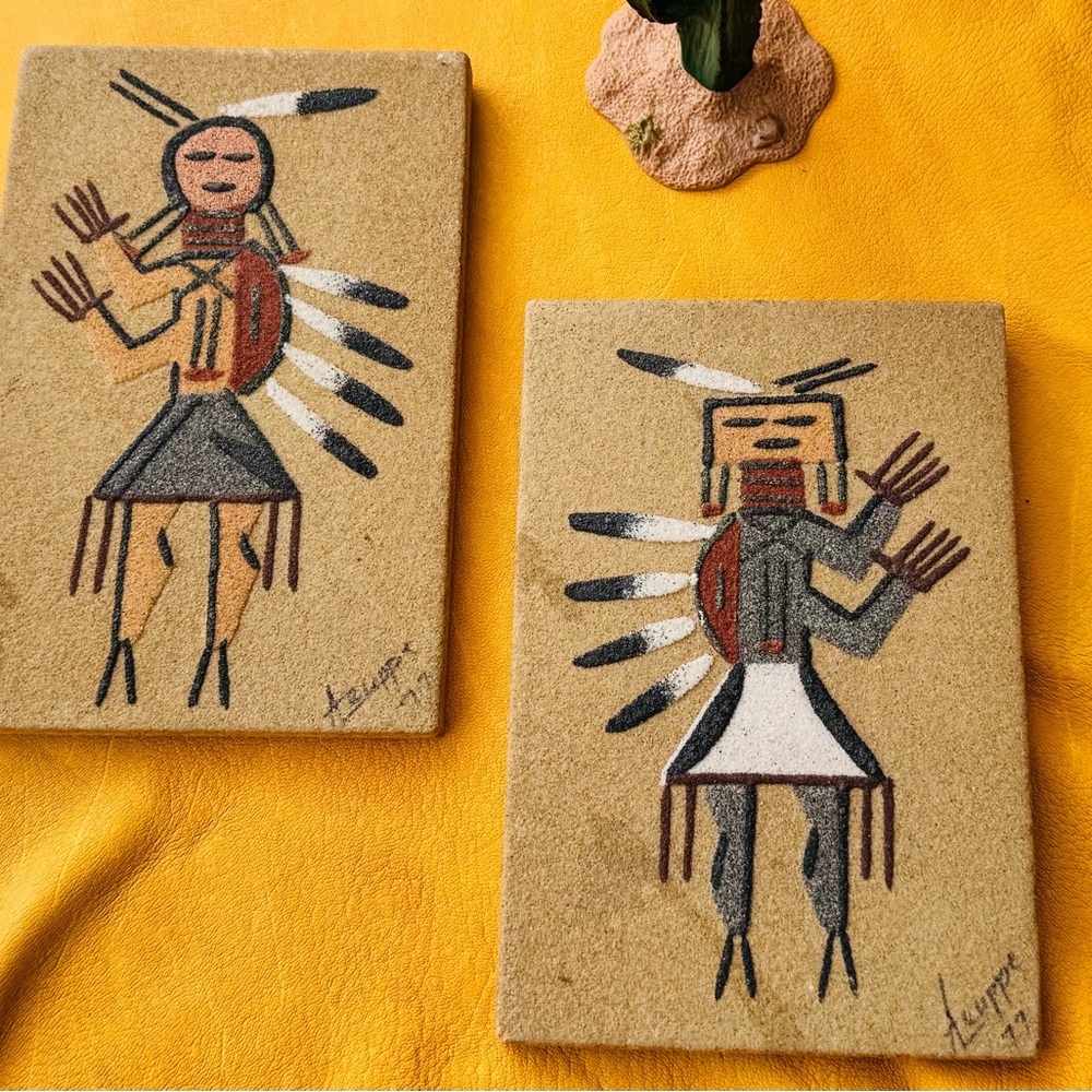 Pair 2 Signed Navajo Sand Art Male & Female Dry Paintings